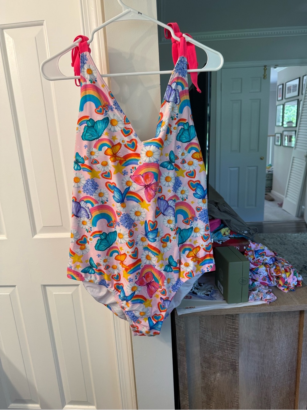 Posh Peanut Raina Rainbow & Butterfly One-Piece Swimsuit - Pink & Blue Accents
